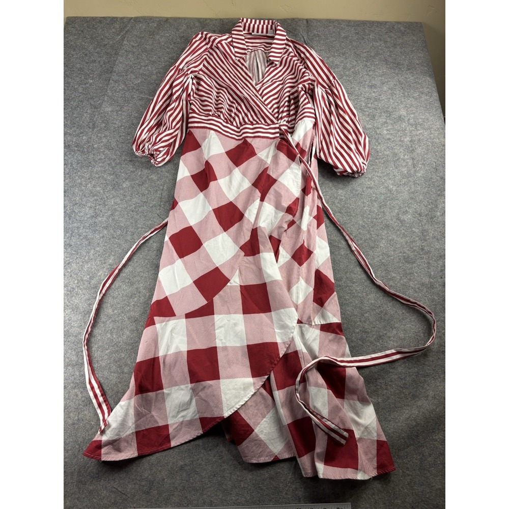 New York & Co Women L Striped Wrap Dress Red/White Puff Sleeve Farmhouse Country